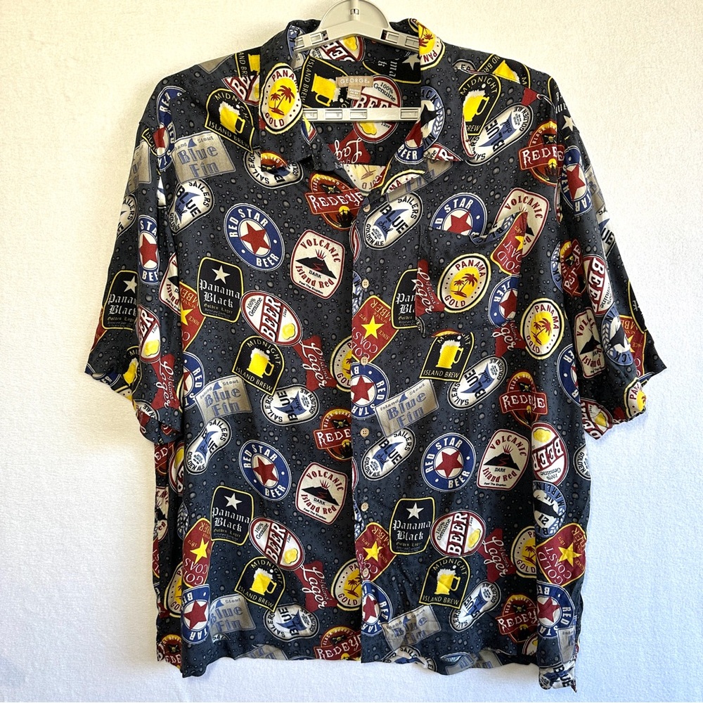 George Beer Logo Shirt Men's 2XL 50-52 Casual Hawaiian Button Up Short Sleeve